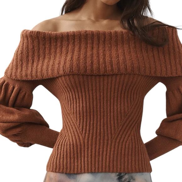Anthropologie Tessa Off The Shoulder Puff Sleeve Wool Sweater Mauve Small Fall - Picture 1 of 6